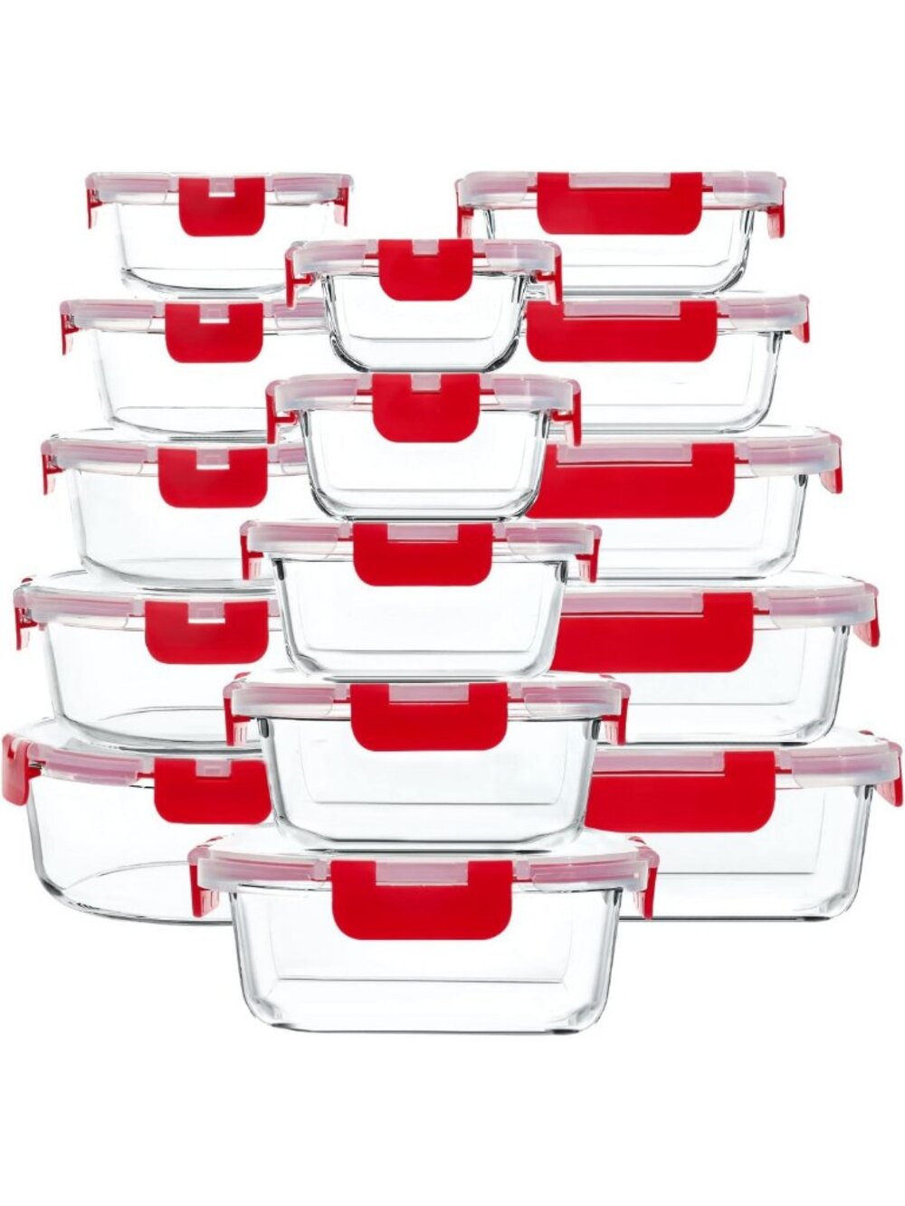 30-Piece Extra Large Glass Food Storage Set with Lids - BPA-Free, Airtight, Red